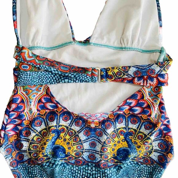 True Colours size M One Piece Swim Suit Halter Multicolor Peacock Print Sparkles - Picture 6 of 9